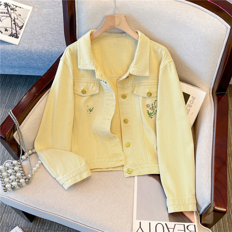 Embroidery Yellow Flower - Giacca di Jeans Corta Gialla Vintage